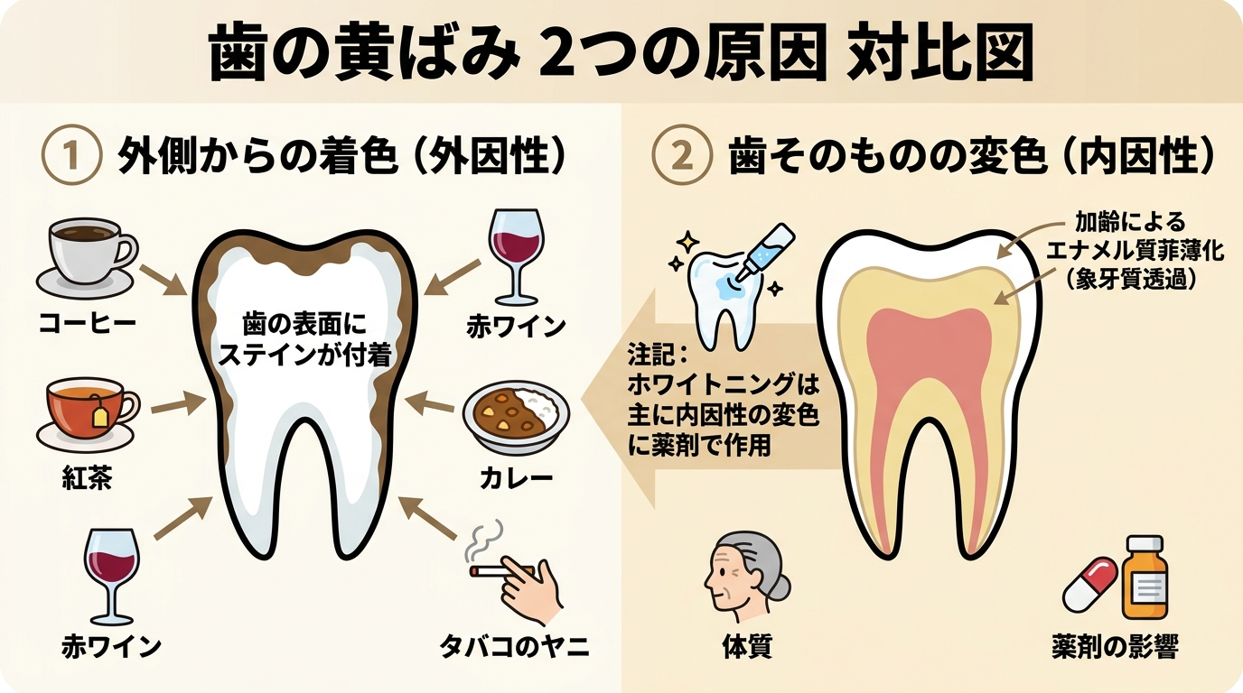 歯の黄ばみの2つの原因を対比するイラスト図。左側『外側からの着色(外因性)』: コーヒー・紅茶・赤ワイン・カレー・タバコのヤニのアイコン、歯の表面にステインが付着した図。右側『歯そのものの変色(内因性)』: 加齢によるエナメル質が薄くなり象牙質の黄色が透ける断面図、体質・薬剤の影響のアイコン。中央に矢印で『ホワイトニングは主に内因性の変色に薬剤で作用』と注記