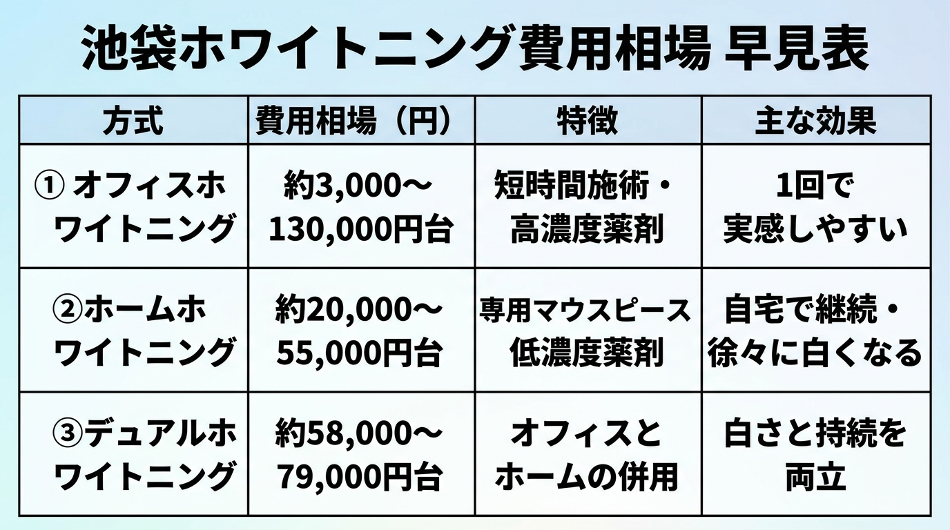 池袋のホワイトニング費用相場を示す早見表。オフィスホワイトニング約3,000〜130,000円台(1回で実感しやすい)、ホームホワイトニング約20,000〜55,000円台(自宅で継続)、デュアルホワイトニング約58,000〜79,000円台(白さと持続を両立)の3方式を比較した表形式のインフォグラフィック