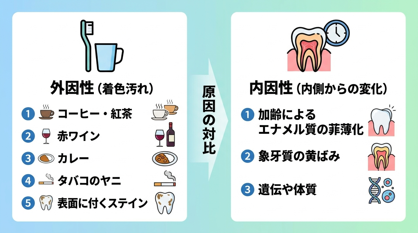 歯の黄ばみの2つの原因を対比したイラスト。左側『外因性(着色汚れ)』はコーヒー・紅茶・赤ワイン・カレー・タバコのヤニなど表面に付くステイン、右側『内因性(内側からの変化)』は加齢によるエナメル質の菲薄化と象牙質の黄ばみ・遺伝や体質を図解