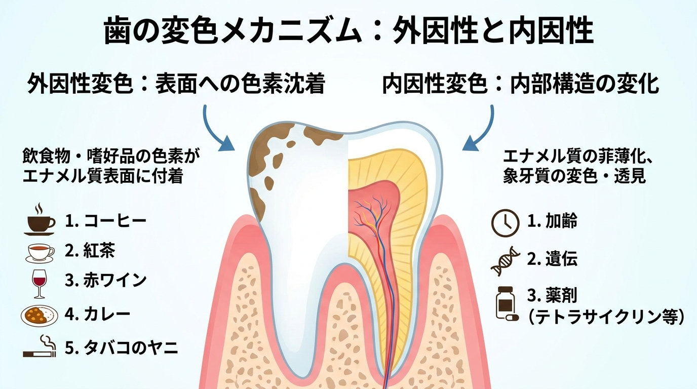 歯の変色メカニズムを外因性と内因性で対比した図解イラスト。左：外因性（コーヒー・紅茶・赤ワイン・カレー・タバコのヤニが歯の表面に付着）、右：内因性（加齢でエナメル質が薄くなり内側の象牙質の黄色みが透ける、遺伝・薬剤の影響）。歯の断面図を添える