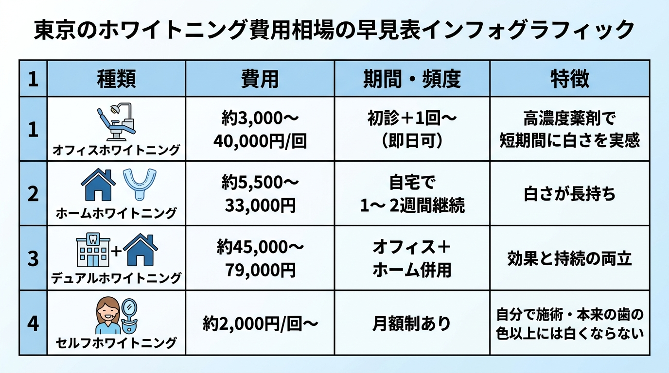 東京のホワイトニング費用相場の早見表インフォグラフィック。4行の表: オフィスホワイトニング 約3,000〜40,000円/回・初診＋1回〜（即日可）・高濃度薬剤で短期間に白さを実感／ホームホワイトニング 約5,500〜33,000円・自宅で1〜2週間継続・白さが長持ち／デュアルホワイトニング 約45,000〜79,000円・オフィス＋ホーム併用・効果と持続の両立／セルフホワイトニング 約2,000円/回〜・月額制あり・自分で施術・本来の歯の色以上には白くならない