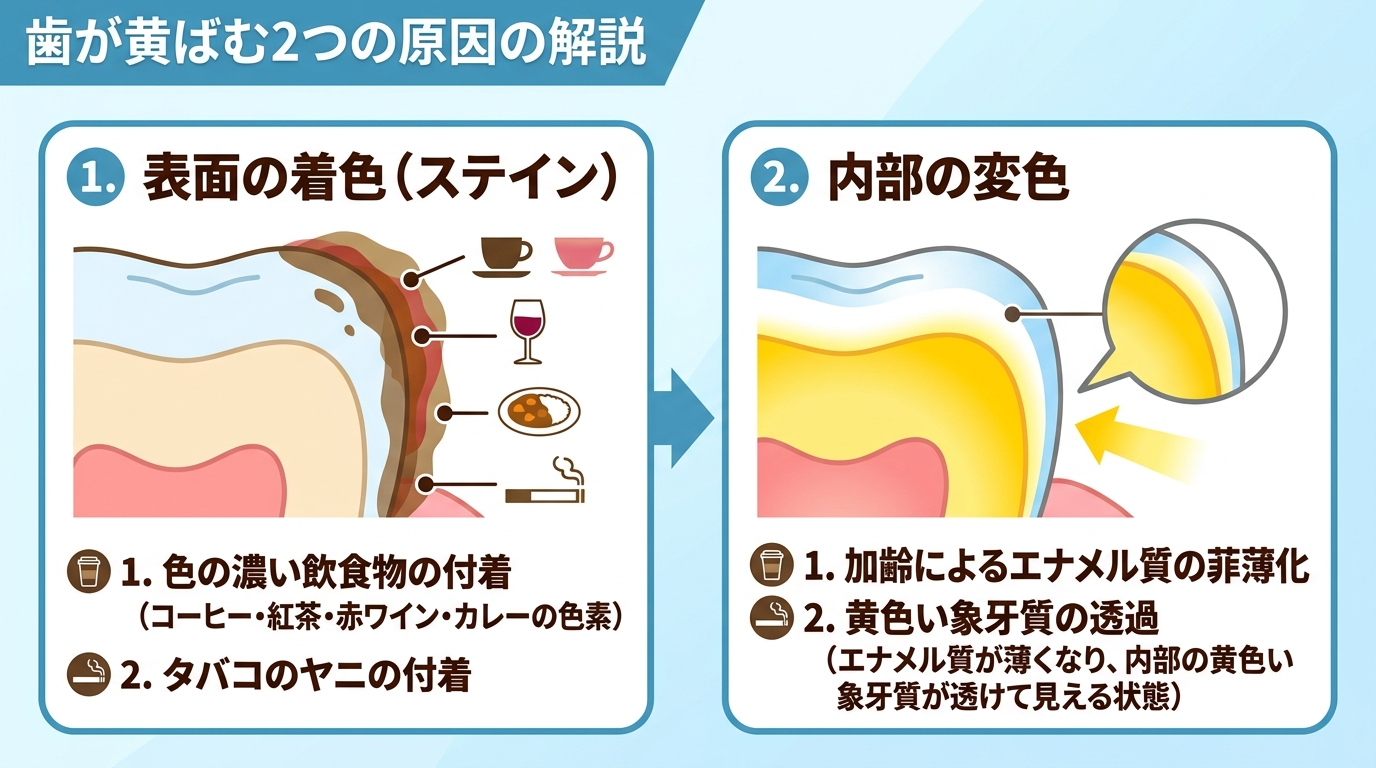 歯が黄ばむ2つの原因を示すイラスト。左に表面の着色（ステイン）＝コーヒー・紅茶・赤ワイン・カレーの色素とタバコのヤニが歯の表面に付着するイメージ、右に内部の変色＝加齢でエナメル質が薄くなり内側の黄色い象牙質が透けるイメージを断面図で対比