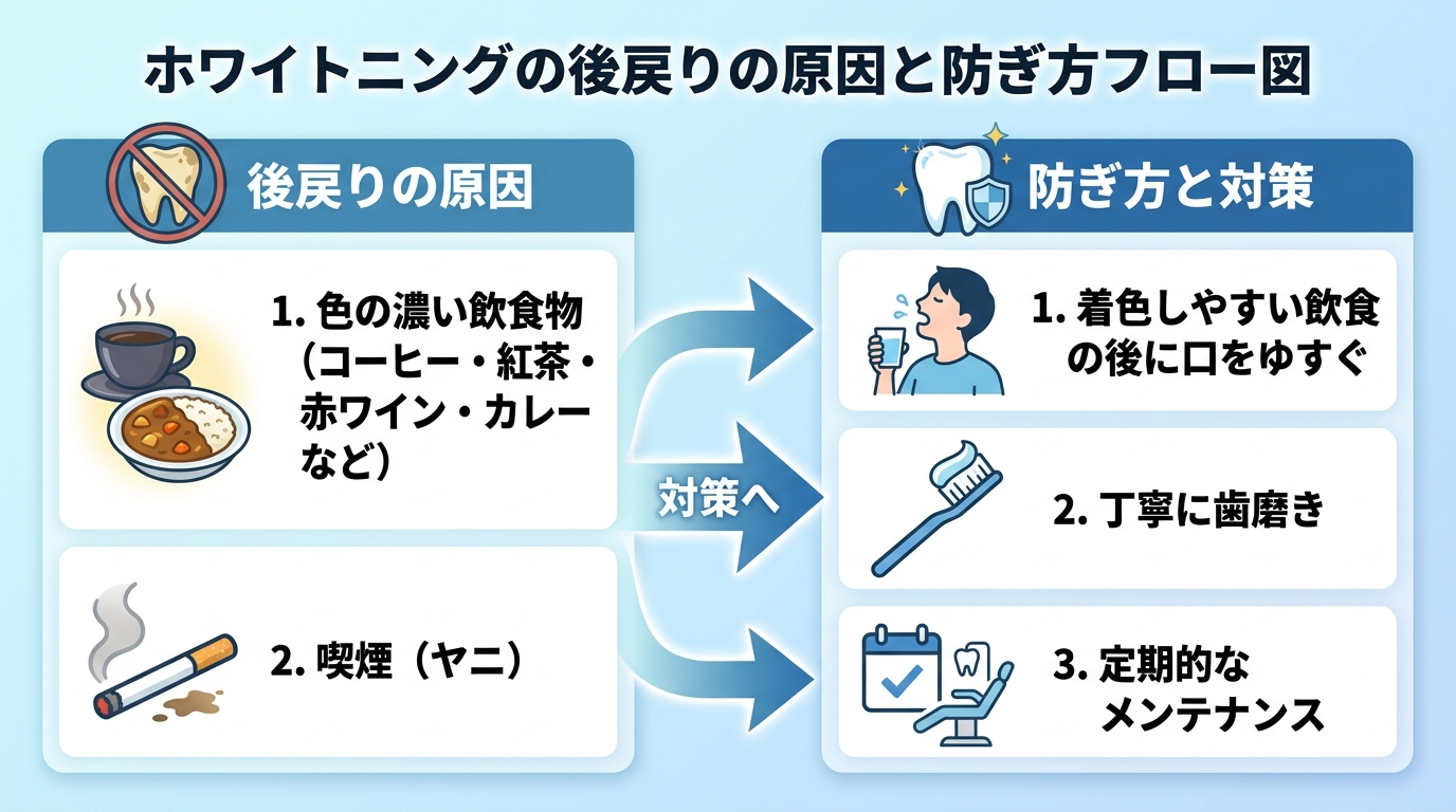 ホワイトニングの後戻りの原因と防ぎ方フロー図。原因=コーヒー・紅茶・赤ワイン・カレーなど色の濃い飲食物、喫煙(ヤニ)。防ぎ方=着色しやすい飲食の後に口をゆすぐ、丁寧に歯磨き、定期的なメンテナンス。原因と対策を矢印でつなぐ図解