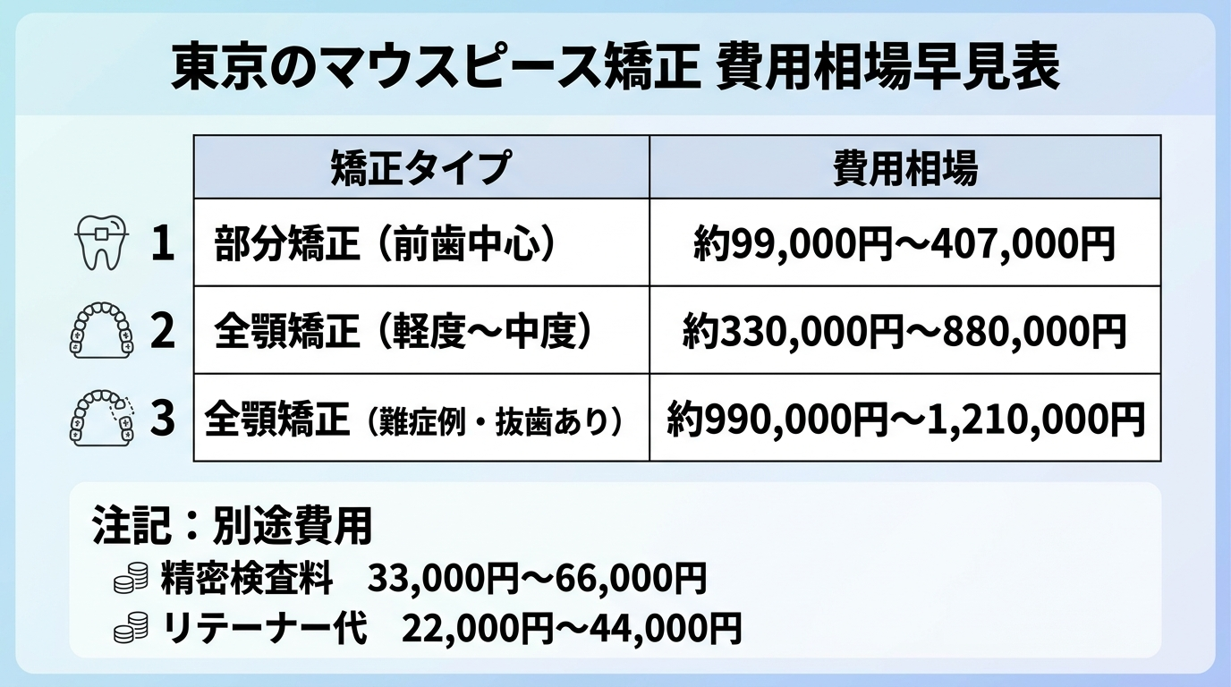 東京のマウスピース矯正の費用相場早見表。部分矯正(前歯中心):約99,000円〜407,000円/全顎矯正(軽度〜中度):約330,000円〜880,000円/全顎矯正(難症例・抜歯あり):約990,000円〜1,210,000円。加えて精密検査料33,000円〜66,000円、リテーナー代22,000円〜44,000円が別途かかる旨を注記