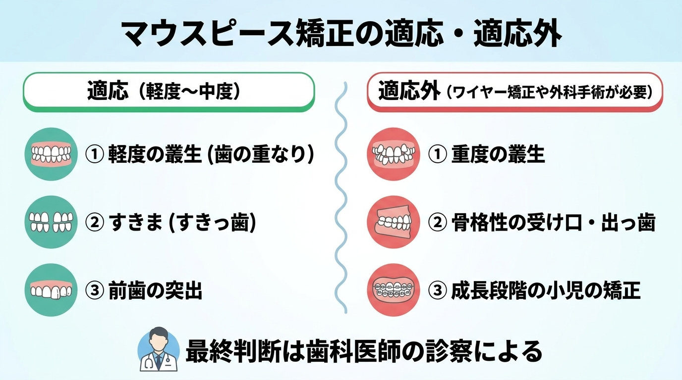 マウスピース矯正の適応・適応外の一覧図。適応(軽度〜中度):軽度の叢生(歯の重なり)/すきま(すきっ歯)/前歯の突出。適応外(ワイヤー矯正や外科手術が必要):重度の叢生/骨格性の受け口・出っ歯/成長段階の小児の矯正。最終判断は歯科医師の診察による旨を注記
