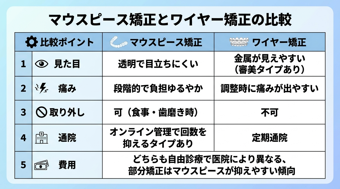 マウスピース矯正とワイヤー矯正の比較表。見た目:マウスピース=透明で目立ちにくい/ワイヤー=金属が見えやすい(審美タイプあり)。痛み:マウスピース=段階的で負担ゆるやか/ワイヤー=調整時に痛みが出やすい。取り外し:マウスピース=可(食事・歯磨き時)/ワイヤー=不可。通院:マウスピース=オンライン管理で回数を抑えるタイプあり/ワイヤー=定期通院。費用:どちらも自由診療で医院により異なる、部分矯正はマウスピースが抑えやすい傾向