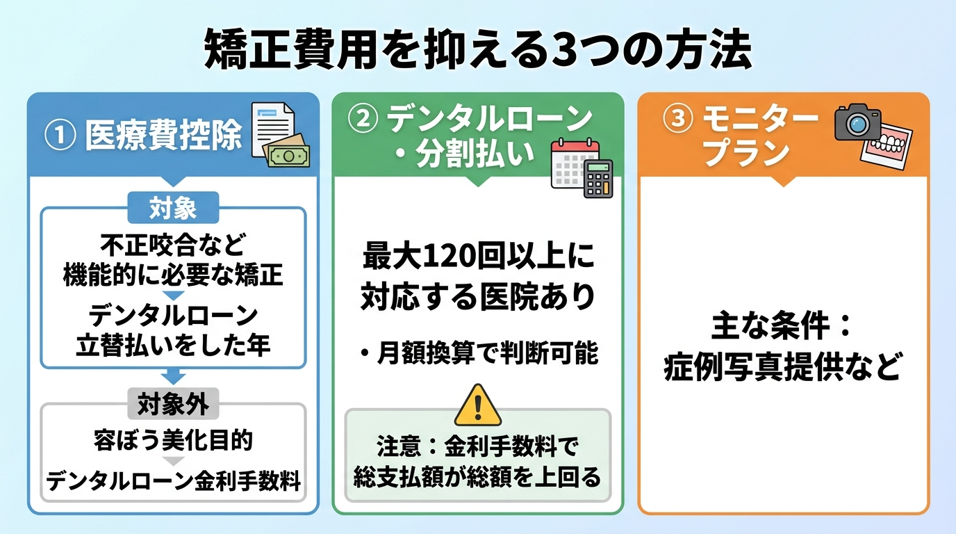 矯正費用を抑える3つの方法のフロー図。①医療費控除:不正咬合など機能的に必要な矯正は対象/容ぼう美化目的は対象外、デンタルローンは立替払いをした年に対象・金利手数料は対象外。②デンタルローン・分割払い:最大120回以上に対応する医院あり、月額換算で判断できるが金利手数料で総支払額は総額を上回る。③モニタープラン:症例写真提供などが条件