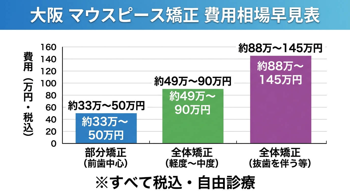大阪のマウスピース矯正 費用相場の早見表インフォグラフィック。部分矯正(前歯中心)約33万〜50万円/全体矯正(軽度〜中度)約49万〜90万円/全体矯正(抜歯を伴う等)約88万〜145万円の3段階を縦棒グラフで比較。すべて税込・自由診療の注記付き