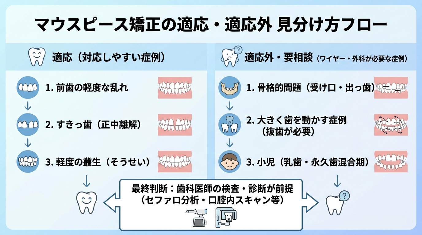 マウスピース矯正の適応・適応外の見分け方フロー図。対応しやすい症例(前歯の軽度な乱れ・すきっ歯・軽度の叢生)と、ワイヤー矯正や外科的処置が必要な症例(骨格的問題・大きく歯を動かす症例・小児)を左右に分け、最終判断は歯科医師の検査・診断が前提と結ぶ