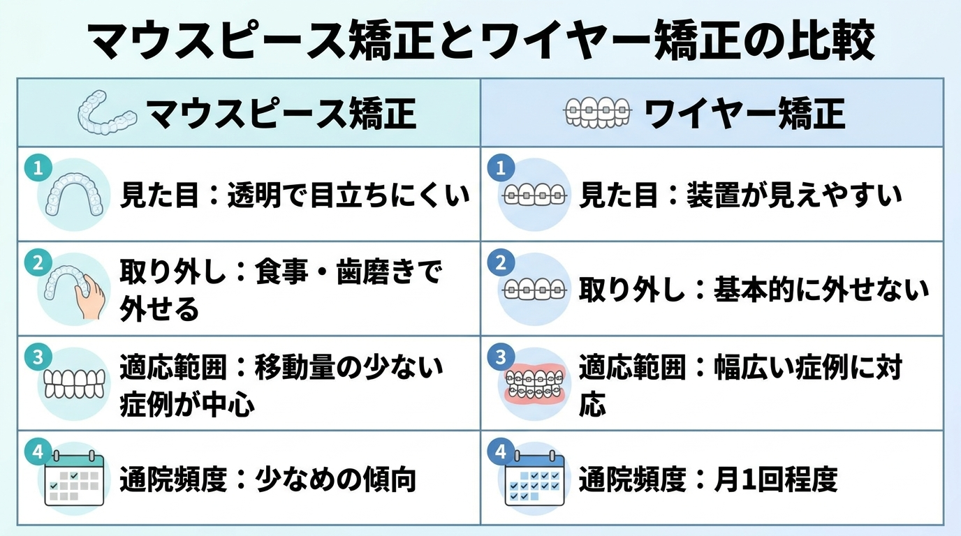 マウスピース矯正とワイヤー矯正の比較表インフォグラフィック。見た目(透明で目立ちにくい/装置が見えやすい)、取り外し(食事・歯磨きで外せる/基本的に外せない)、適応範囲(移動量の少ない症例が中心/幅広い症例に対応)、通院頻度(少なめの傾向/月1回程度)の4項目を2列で対比