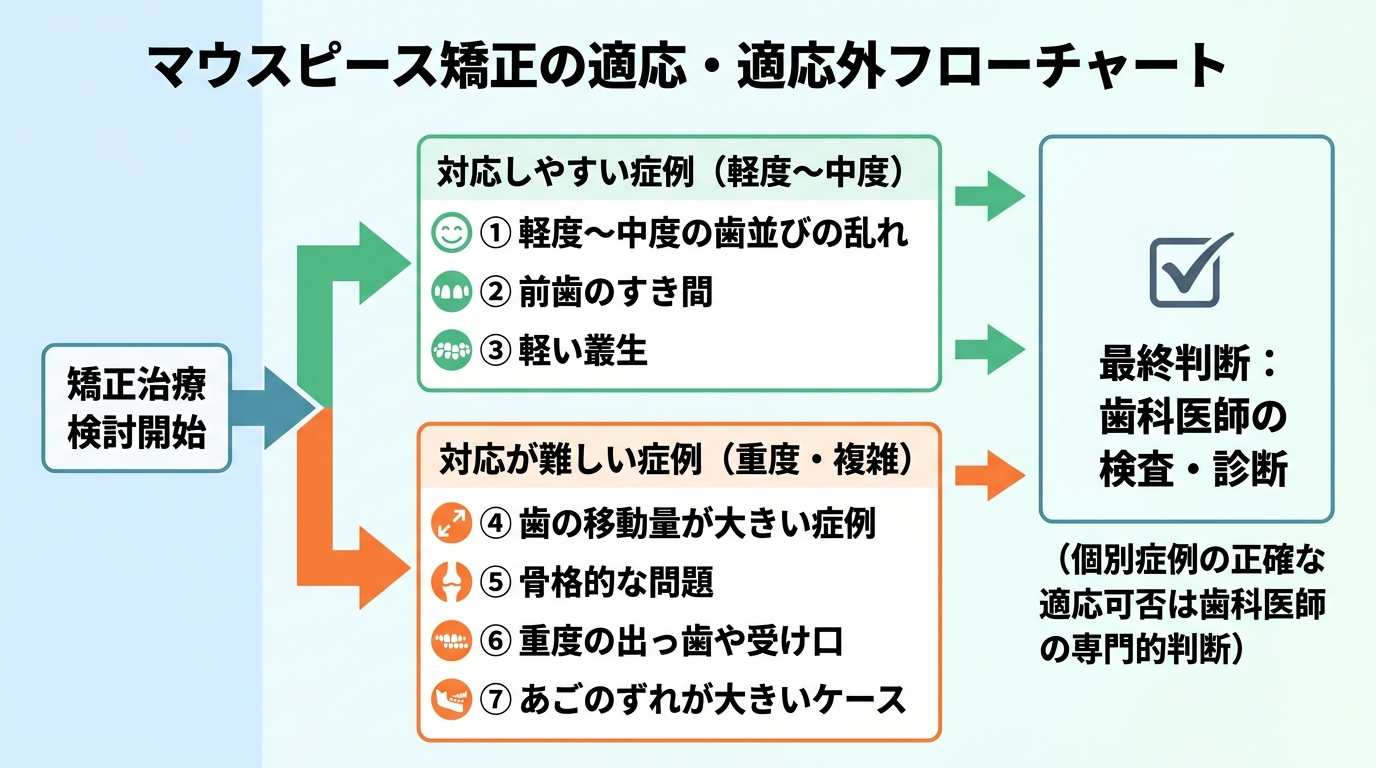 マウスピース矯正の適応・適応外を仕分けるフローチャート。対応しやすい=軽度〜中度の歯並びの乱れ・前歯のすき間・軽い叢生、対応が難しい=歯の移動量が大きい症例・骨格的な問題・重度の出っ歯や受け口・あごのずれが大きいケース。最終判断は歯科医師の検査・診断による、と締める