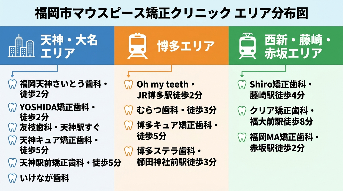 福岡市のマウスピース矯正クリニックのエリア分布マップ。天神・大名エリア(福岡天神さいとう歯科・徒歩2分、YOSHIDA矯正歯科・徒歩2分、友枝歯科・天神駅すぐ、天神キュア矯正歯科・徒歩5分、天神駅前矯正歯科・徒歩5分、いけなが歯科)、博多エリア(Oh my teeth・JR博多駅徒歩2分、むらつ歯科・徒歩3分、博多キュア矯正歯科・徒歩5分、博多ステラ歯科・櫛田神社前駅徒歩3分)、西新・藤崎・赤坂エリア(Shiro矯正歯科・藤崎駅徒歩4分、クリア矯正歯科・福大前駅徒歩8分、福岡MA矯正歯科・赤坂駅徒歩2分)の3エリアを色分けして駅名と徒歩分数を配置