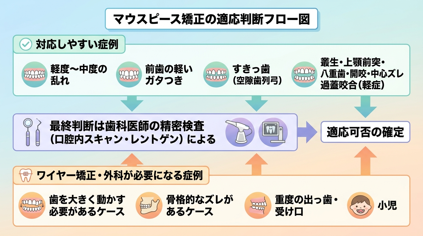 マウスピース矯正の適応判断フロー図。上段「対応しやすい症例」=軽度〜中度の乱れ、前歯の軽いガタつき、すきっ歯(空隙歯列弓)、叢生・上顎前突・八重歯・開咬・中心ズレ・過蓋咬合(症状が軽い場合)。下段「ワイヤー矯正・外科が必要になる症例」=歯を大きく動かす必要があるケース、骨格的なズレがあるケース、重度の出っ歯・受け口、小児。中央に「最終判断は歯科医師の精密検査(口腔内スキャン・レントゲン)による」の帯を配置