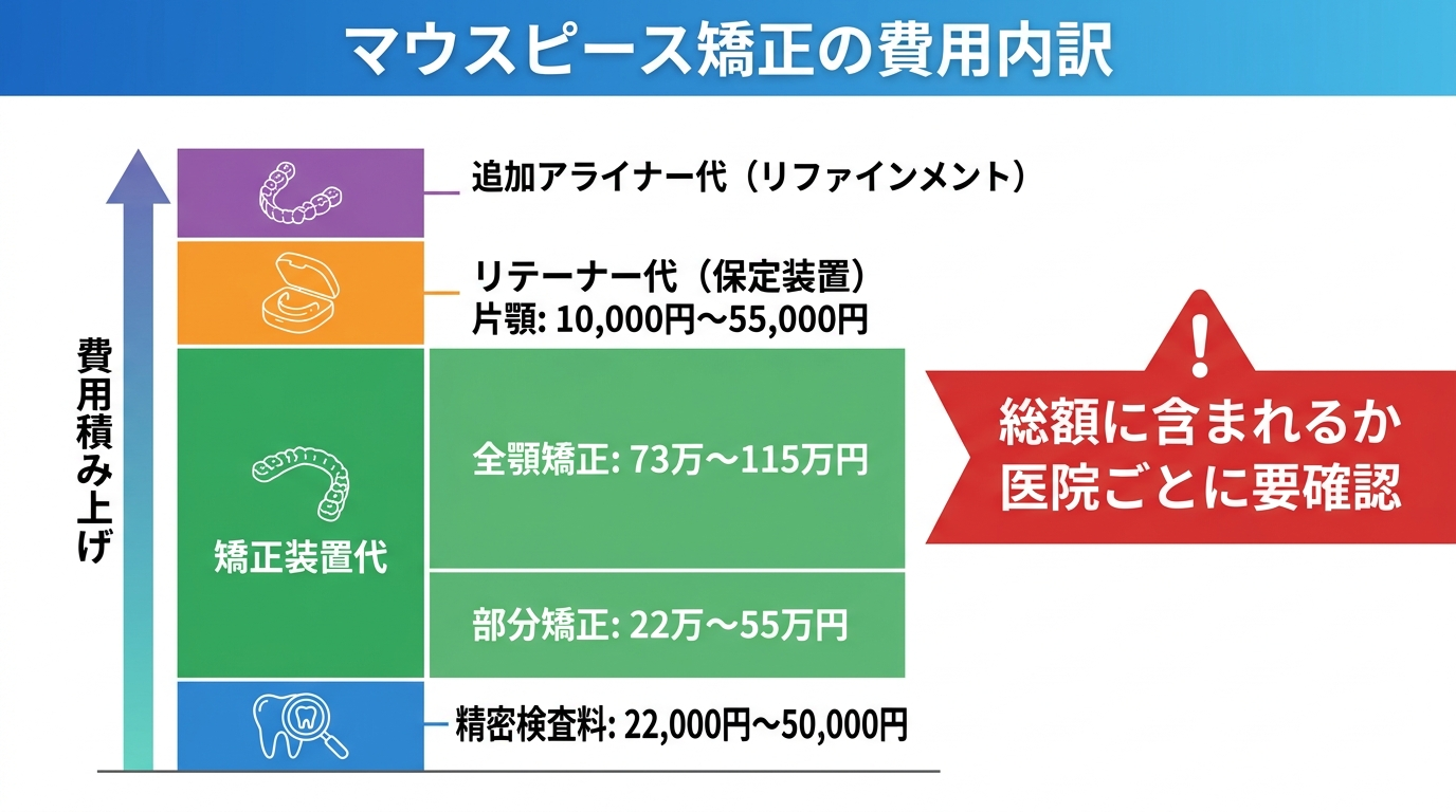 マウスピース矯正の費用内訳を示すインフォグラフィック。矯正装置代(部分矯正22万〜55万円、全顎矯正73万〜115万円)に加えて別途かかる費用として、精密検査料22,000円〜50,000円、リテーナー代(保定装置)片顎10,000円〜55,000円、追加アライナー代(リファインメント)を積み上げグラフで表示。右側に「総額に含まれるか医院ごとに要確認」の注記帯