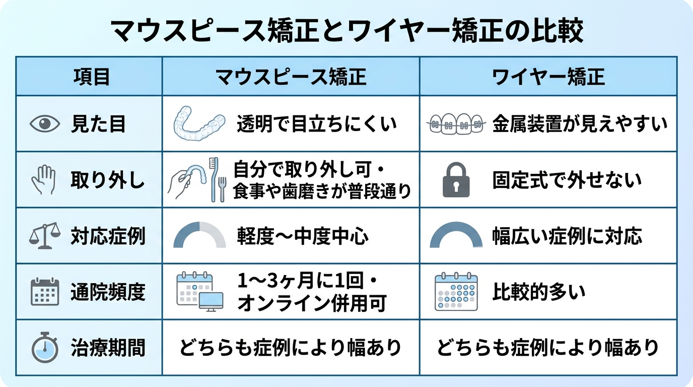 マウスピース矯正とワイヤー矯正の比較表。項目=見た目(マウスピース:透明で目立ちにくい/ワイヤー:金属装置が見えやすい)、取り外し(マウスピース:自分で取り外し可・食事や歯磨きが普段通り/ワイヤー:固定式で外せない)、対応症例(マウスピース:軽度〜中度中心/ワイヤー:幅広い症例に対応)、通院頻度(マウスピース:1〜3ヶ月に1回・オンライン併用可/ワイヤー:比較的多い)、治療期間(どちらも症例により幅あり)を2列で対比