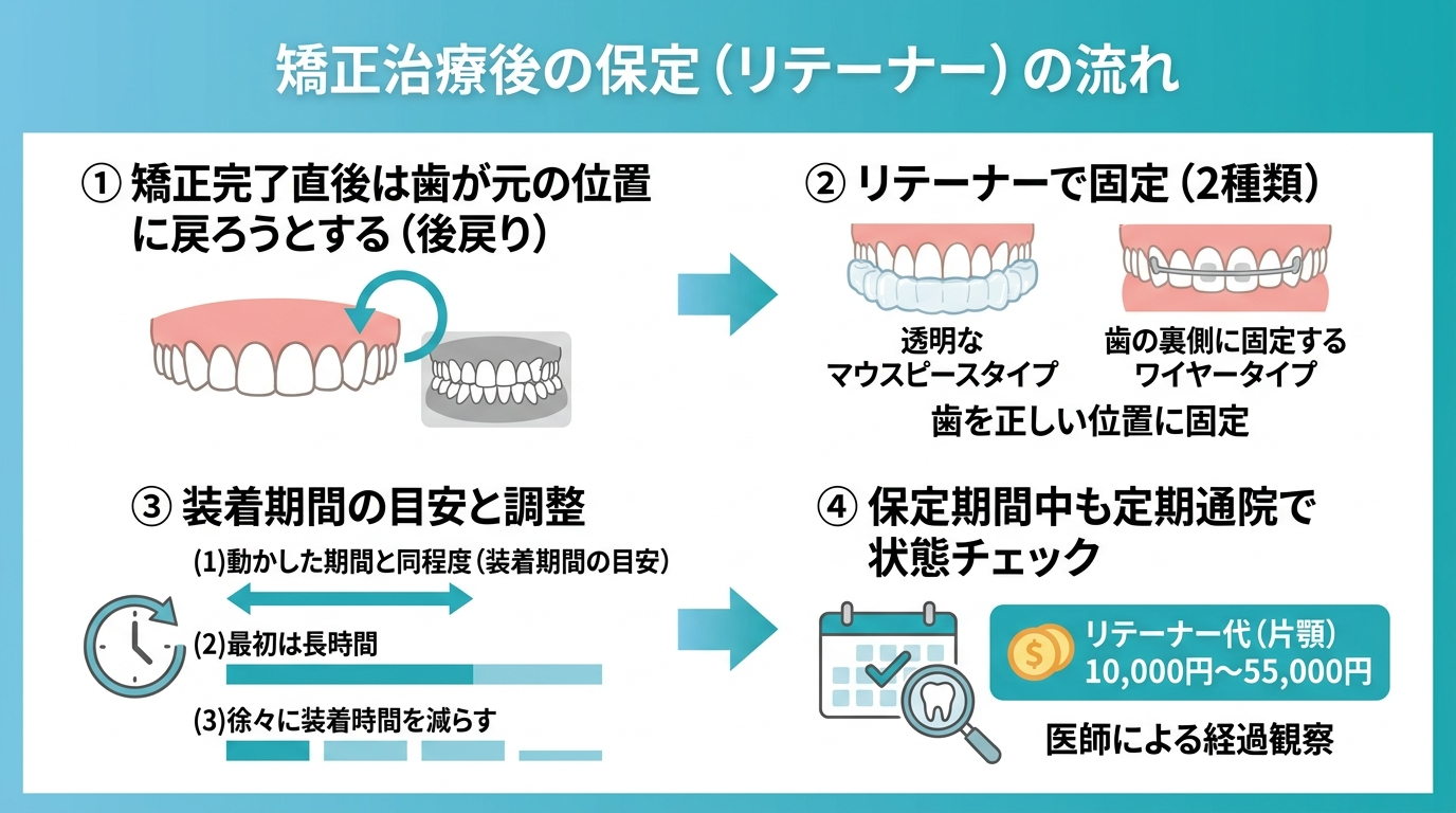 矯正治療後の保定(リテーナー)の流れを示すフロー図。①矯正完了直後は歯が元の位置に戻ろうとする(後戻り)→②リテーナーで固定(透明なマウスピースタイプ/歯の裏側に固定するワイヤータイプの2種)→③装着期間の目安は動かした期間と同程度、最初は長時間・徐々に装着時間を減らす→④保定期間中も定期通院で状態チェック。リテーナー代は片顎10,000円〜55,000円の注記付き