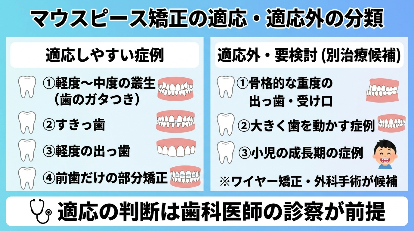 マウスピース矯正の適応・適応外の分類図。適応しやすい：軽度〜中度の叢生（歯のガタつき）、すきっ歯、軽度の出っ歯、前歯だけの部分矯正。適応外・要検討：骨格的な重度の出っ歯・受け口、大きく歯を動かす症例、小児の成長期の症例（ワイヤー矯正・外科手術が候補）。注記『適応の判断は歯科医師の診察が前提』