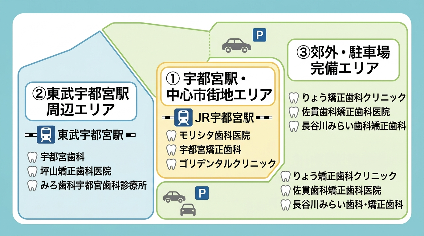 宇都宮市内のマウスピース矯正クリニックをエリア別に示した地図風のイラスト。①宇都宮駅・中心市街地エリア（モリシタ歯科医院・宇都宮矯正歯科・ゴリデンタルクリニック）②東武宇都宮駅周辺エリア（宇都宮歯科・坪山矯正歯科医院・みろ歯科宇都宮歯科診療所）③郊外・駐車場完備エリア（りょう矯正歯科クリニック・佐貫歯科矯正歯科医院・長谷川みらい歯科・矯正歯科）の3エリアに分類して配置
