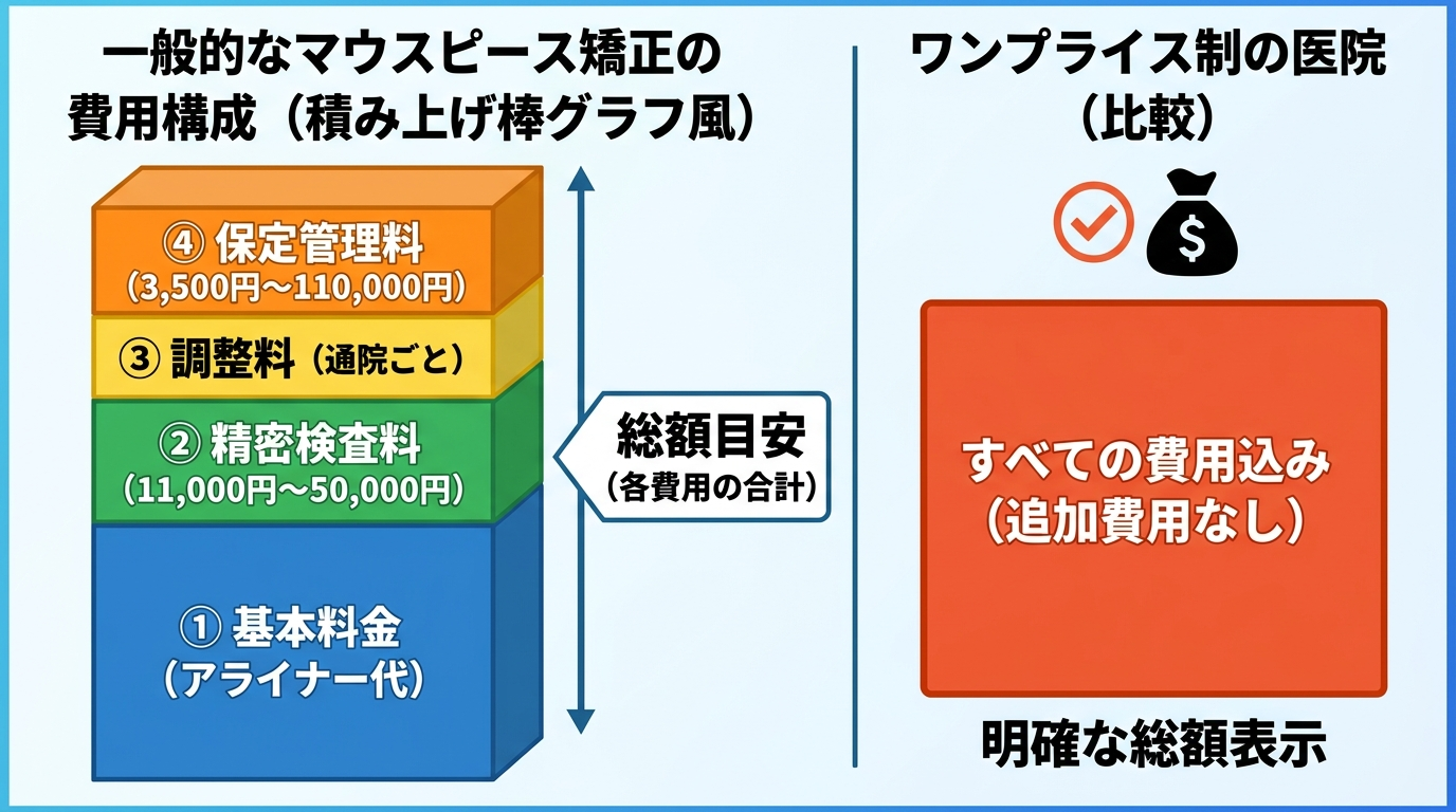 マウスピース矯正の総額を構成する費用項目の内訳を示すインフォグラフィック。基本料金（アライナー代）＋精密検査料（11,000円〜50,000円）＋調整料＋保定管理料（3,500円〜110,000円）を積み上げ棒グラフ風に表示。ワンプライス制の医院は追加費用なしとして別枠で対比