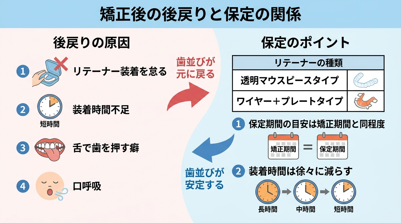 矯正後の後戻りと保定の関係を示すイラスト。左に『後戻りの原因』（リテーナー装着を怠る・装着時間不足・舌で歯を押す癖・口呼吸）、右に『保定のポイント』（リテーナーの種類：透明マウスピースタイプ／ワイヤー＋プレートタイプ、保定期間の目安は矯正期間と同程度、装着時間は徐々に減らす）を対比配置
