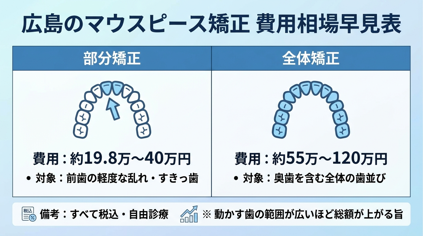 広島のマウスピース矯正 費用相場早見表。部分矯正=約19.8万〜40万円（前歯の軽度な乱れ・すきっ歯）、全体矯正=約55万〜120万円（奥歯を含む全体の歯並び）。すべて税込・自由診療。動かす歯の範囲が広いほど総額が上がる旨を図示