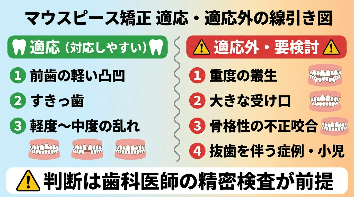 マウスピース矯正の適応・適応外の線引き図。適応（対応しやすい）=前歯の軽い凸凹・すきっ歯・軽度〜中度の乱れ。適応外・要検討=重度の叢生・大きな受け口・骨格性の不正咬合・抜歯を伴う症例・小児。判断は歯科医師の精密検査が前提である旨を明記