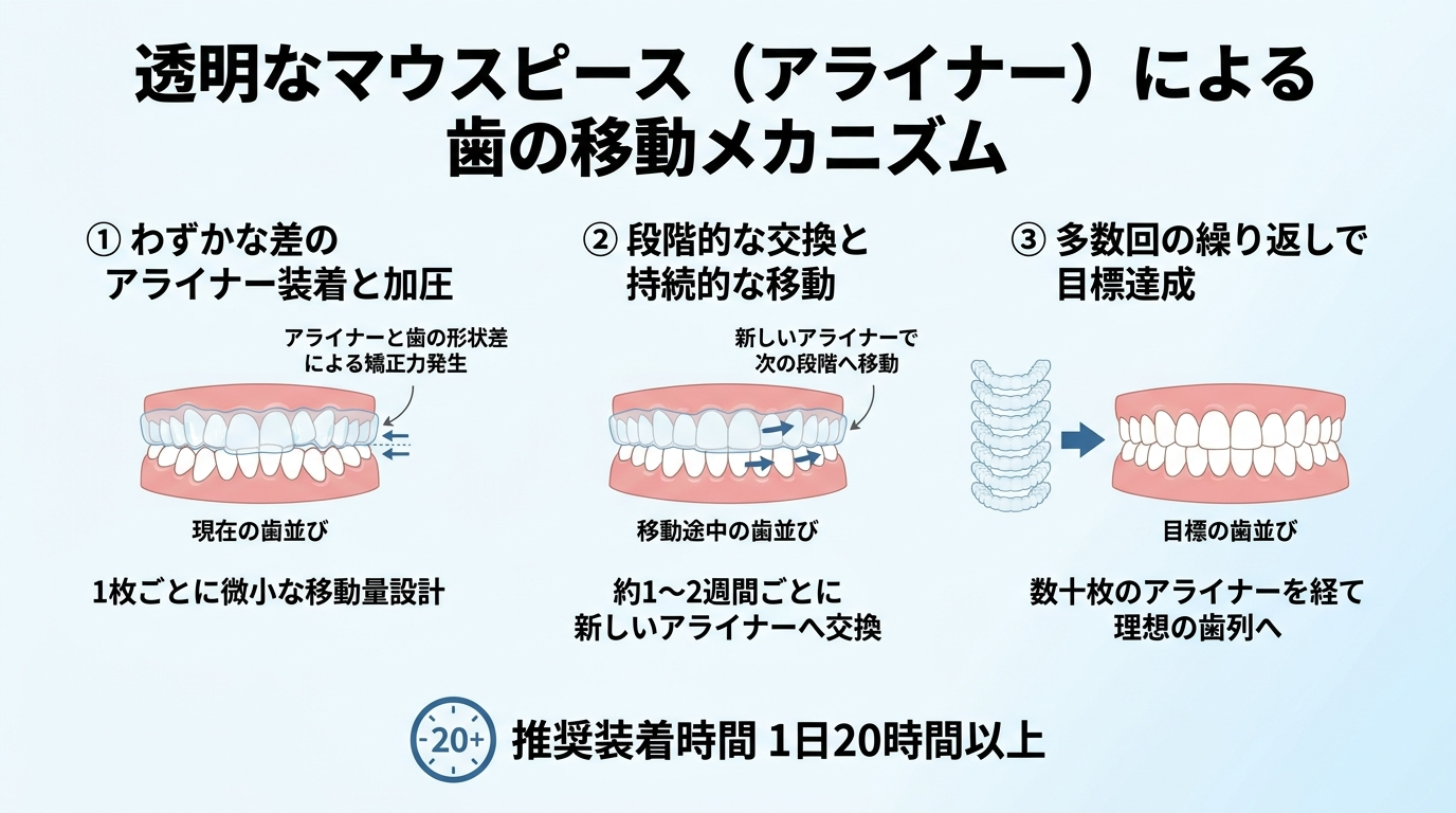 透明なマウスピース（アライナー）で歯が動くしくみのイラスト。1枚ごとにわずかに形が異なるアライナーを段階的に交換→その差の分だけ歯に力がかかり移動→何十枚も繰り返して目標の歯並びへ。1日20時間以上の装着が推奨される点も図示