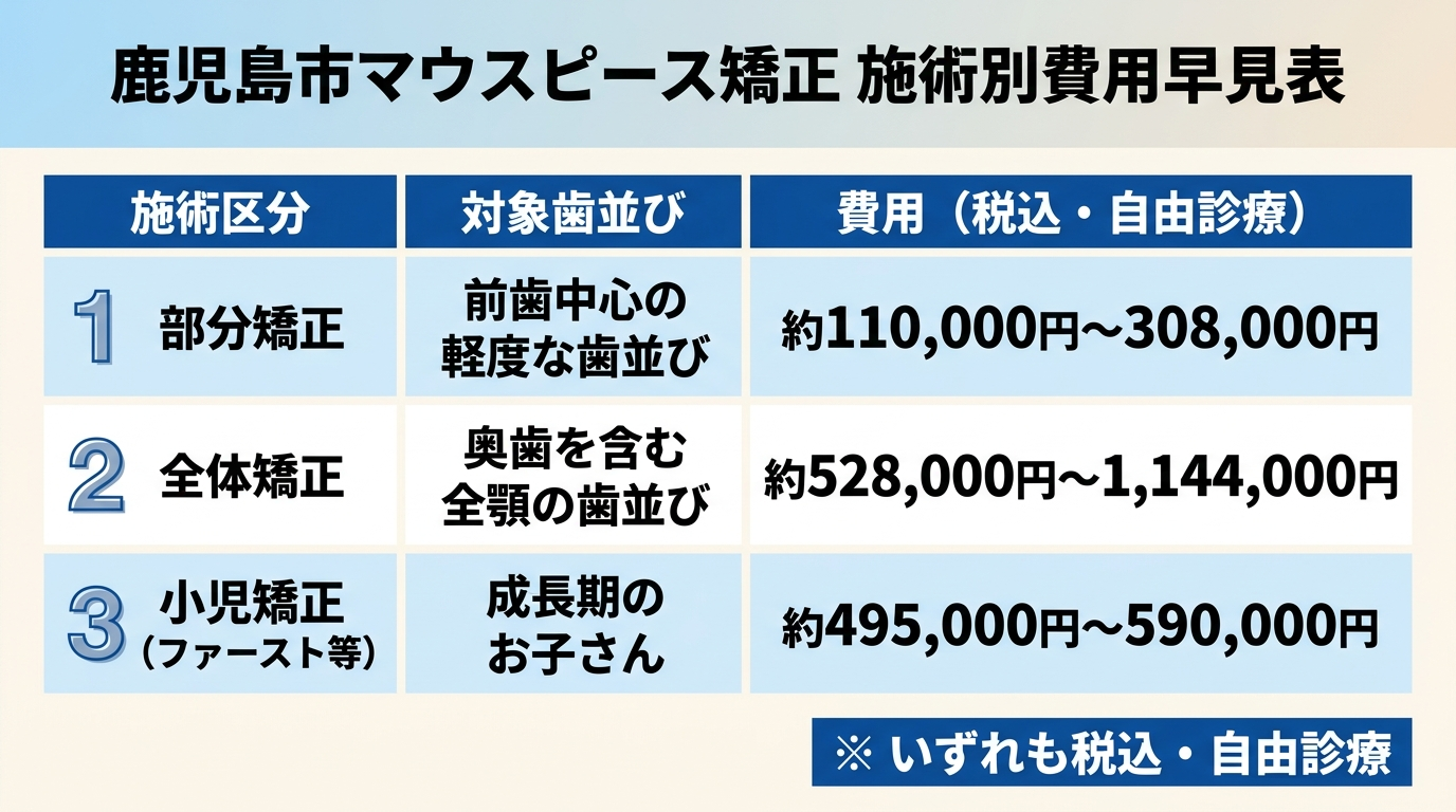 鹿児島市マウスピース矯正の施術別費用早見表。部分矯正：約110,000円〜308,000円（前歯中心の軽度な歯並び）、全体矯正：約528,000円〜1,144,000円（奥歯を含む全顎の歯並び）、小児矯正（ファースト等）：約495,000円〜590,000円（成長期のお子さん）。3行の比較表形式、いずれも税込・自由診療の注記付き