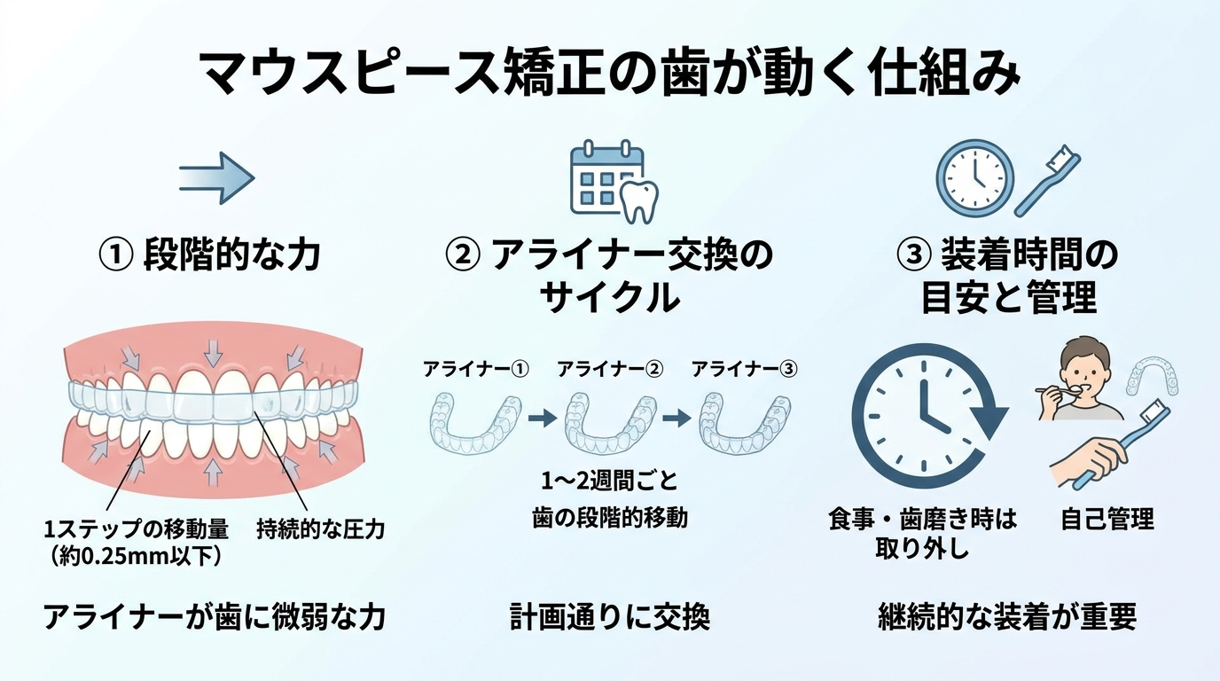 マウスピース矯正で歯が動く仕組みのイラスト。透明なアライナーを装着した歯列に矢印で少しずつ力が加わる様子、1〜2週間ごとに次の段階のアライナーへ交換して歯を段階的に移動、装着時間の目安は1日20時間以上、取り外して食事・歯磨きが可能、という流れを図解