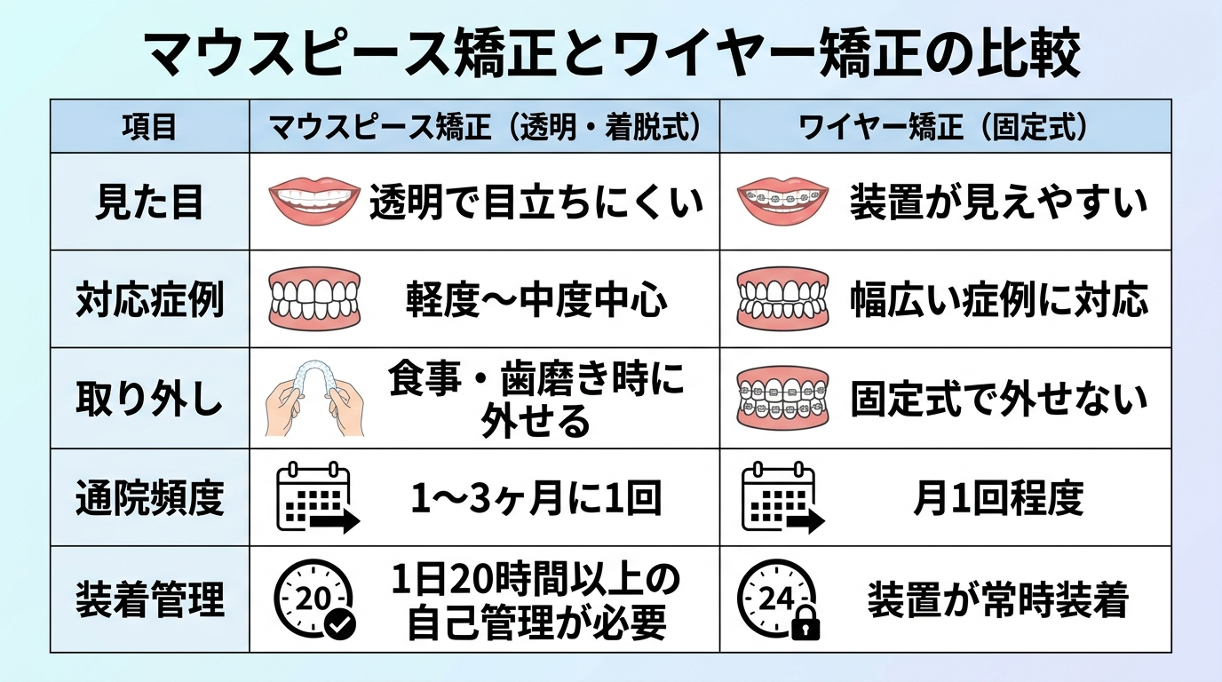 マウスピース矯正とワイヤー矯正の比較表。見た目：マウスピース＝透明で目立ちにくい／ワイヤー＝装置が見えやすい。対応症例：マウスピース＝軽度〜中度中心／ワイヤー＝幅広い症例に対応。取り外し：マウスピース＝食事・歯磨き時に外せる／ワイヤー＝固定式で外せない。通院頻度：マウスピース＝1〜3ヶ月に1回／ワイヤー＝月1回程度。装着管理：マウスピース＝1日20時間以上の自己管理が必要／ワイヤー＝装置が常時装着。3〜4列の比較表形式