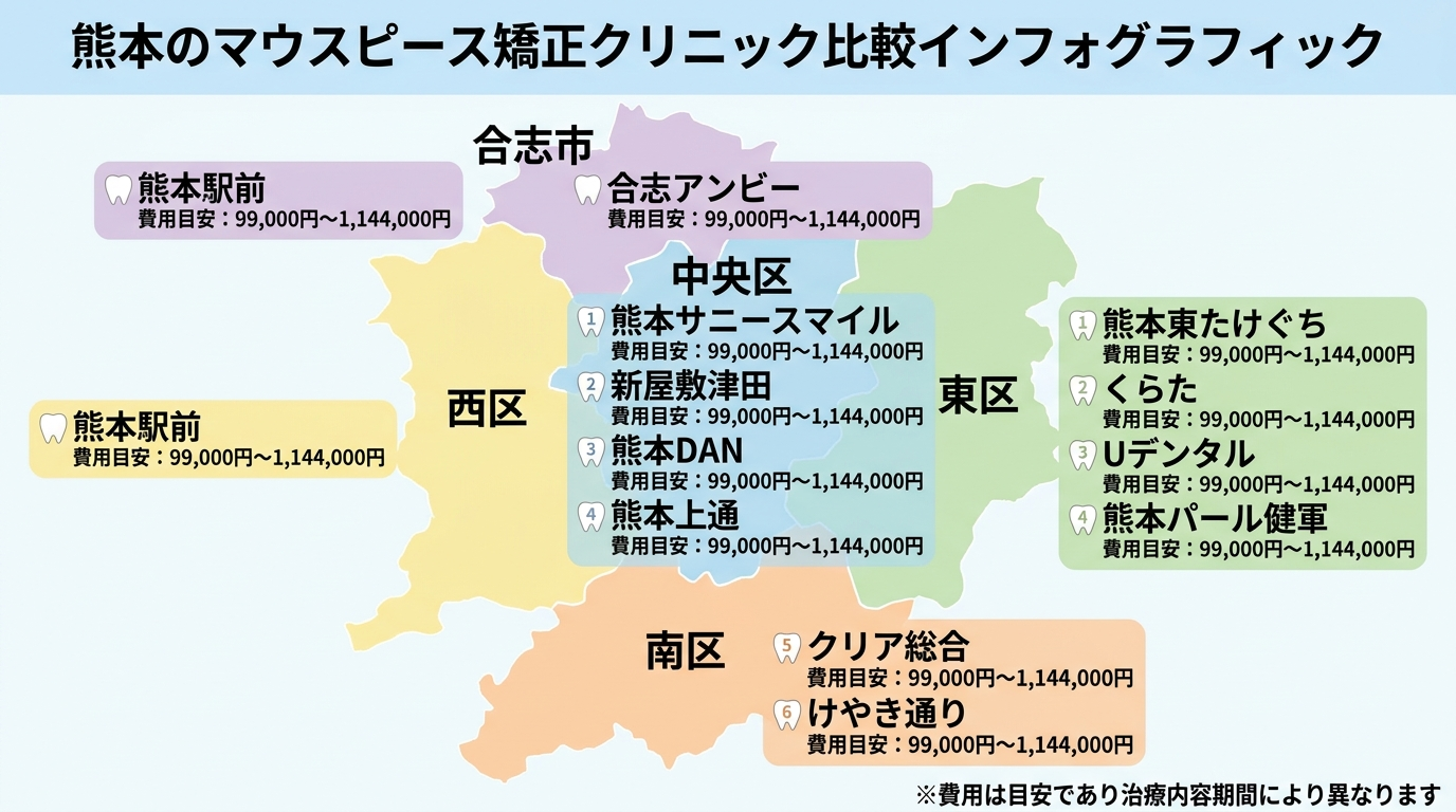 熊本のマウスピース矯正クリニック比較インフォグラフィック。エリア別に13院を配置した地図風レイアウト。中央区(熊本サニースマイル・新屋敷津田・熊本DAN・熊本上通)、東区(熊本東たけぐち・くらた・Uデンタル・熊本パール健軍)、南区(クリア総合・けやき通り)、西区(熊本駅前)、合志市(合志アンビー)。各院に費用目安レンジ(99,000円〜1,144,000円)を併記