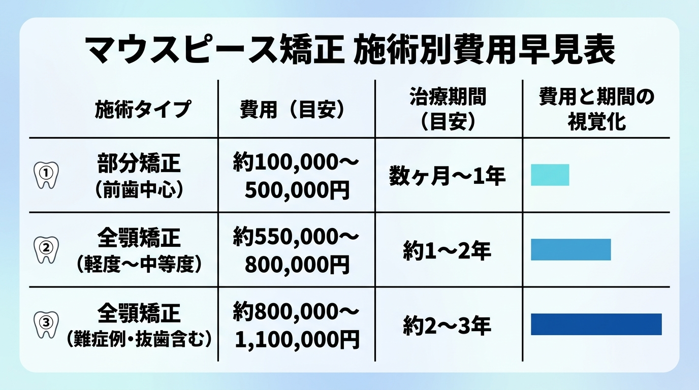 マウスピース矯正の施術別費用早見表チャート。3行構成: 部分矯正(前歯中心)約100,000〜500,000円/数ヶ月〜1年、全顎矯正(軽度〜中等度)約550,000〜800,000円/約1〜2年、全顎矯正(難症例・抜歯含む)約800,000〜1,100,000円/約2〜3年。費用が上がるほど治療期間も長くなることを棒グラフで視覚化
