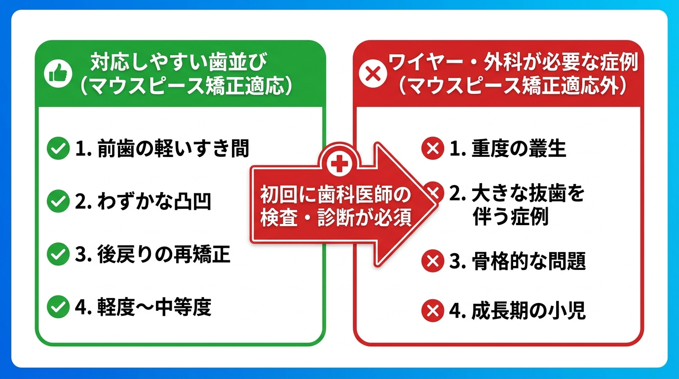 マウスピース矯正の適応・適応外の判定フロー図。対応しやすい歯並び(前歯の軽いすき間、わずかな凸凹、後戻りの再矯正、軽度〜中等度)を緑ゾーンに、ワイヤー・外科が必要な症例(重度の叢生、大きな抜歯を伴う症例、骨格的な問題、成長期の小児)を赤ゾーンに分類。中央に「初回に歯科医師の検査・診断が必須」の矢印