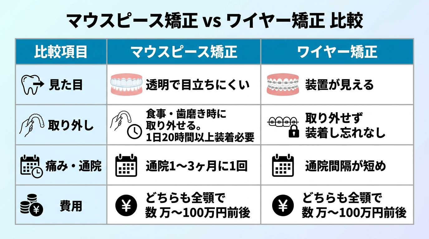 マウスピース矯正 vs ワイヤー矯正の比較表インフォグラフィック。4軸で対比: 見た目(マウスピース=透明で目立ちにくい/ワイヤー=装置が見える)、取り外し(マウスピース=食事・歯磨き時に取り外せる、1日20時間以上装着必要/ワイヤー=取り外せず装着し忘れなし)、痛み・通院(マウスピース=1〜3ヶ月に1回/ワイヤー=通院間隔が短め)、費用(どちらも全顎で数十万〜100万円前後)
