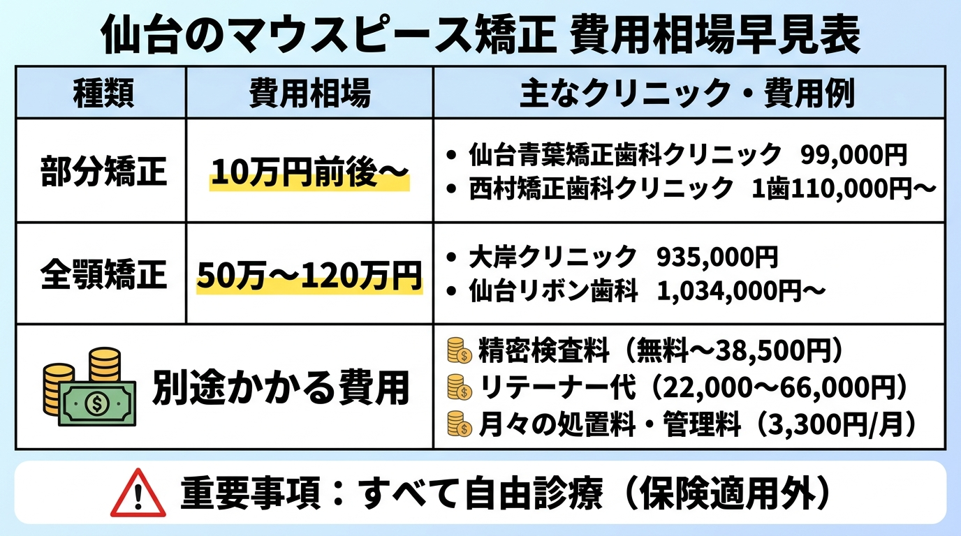 仙台のマウスピース矯正 費用相場早見表。部分矯正:10万円前後〜(例:仙台青葉矯正歯科クリニック99,000円、西村矯正歯科クリニック1歯110,000円〜)。全顎矯正:50万〜120万円(例:大岸クリニック935,000円、仙台リボン歯科1,034,000円〜)。別途かかる費用:精密検査料(無料〜38,500円)、リテーナー代(22,000〜66,000円)、月々の処置料・管理料(3,300円/月)。すべて自由診療(保険適用外)