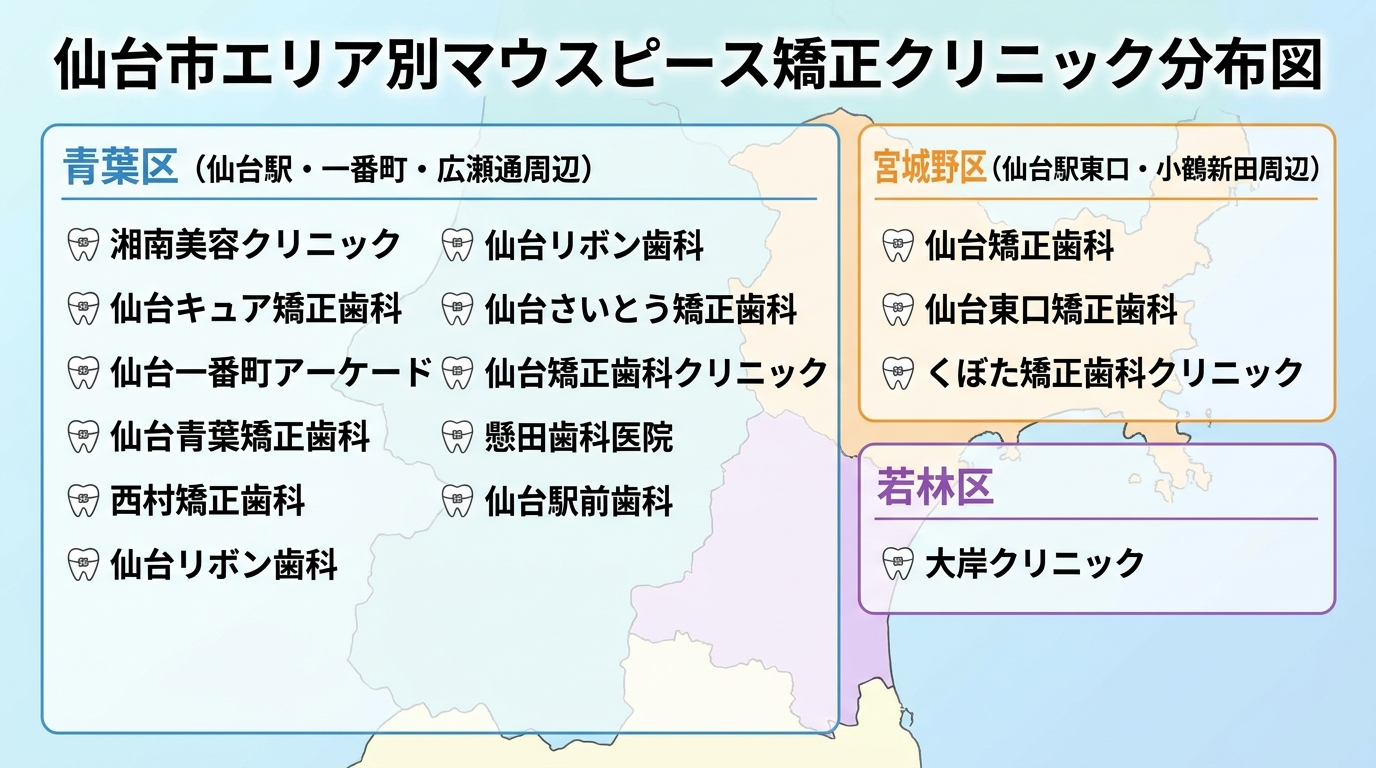 仙台市エリア別マウスピース矯正クリニック分布図。青葉区(仙台駅・一番町・広瀬通周辺):湘南美容クリニック、仙台キュア矯正歯科、仙台一番町アーケード、仙台青葉矯正歯科、西村矯正歯科、仙台リボン歯科、仙台さいとう矯正歯科、仙台矯正歯科クリニック、懸田歯科医院、仙台駅前歯科。宮城野区(仙台駅東口・小鶴新田周辺):仙台矯正歯科、仙台東口矯正歯科、くぼた矯正歯科クリニック。若林区:大岸クリニック