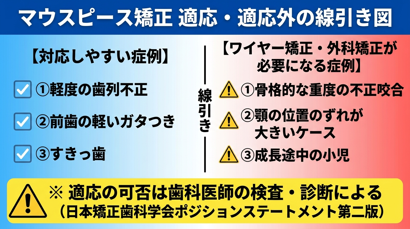 マウスピース矯正の適応・適応外の線引き図。【対応しやすい症例】軽度の歯列不正、前歯の軽いガタつき、すきっ歯。【ワイヤー矯正・外科矯正が必要になる症例】骨格的な重度の不正咬合、顎の位置のずれが大きいケース、成長途中の小児。※適応の可否は歯科医師の検査・診断による(日本矯正歯科学会ポジションステートメント第二版)