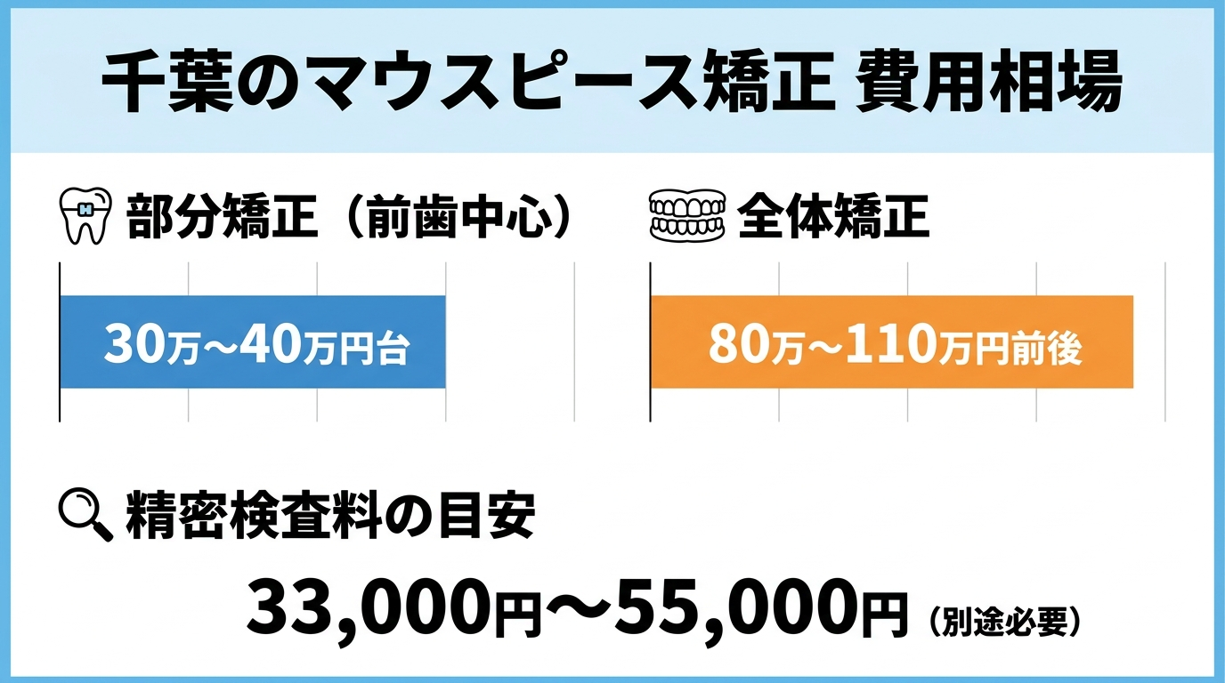 千葉エリアのマウスピース矯正費用相場を示すインフォグラフィック。部分矯正(前歯中心)30万〜40万円台、全体矯正80万〜110万円前後の2段階を横棒グラフで表示。精密検査料の目安33,000円〜55,000円も併記。タイトル『千葉のマウスピース矯正 費用相場』