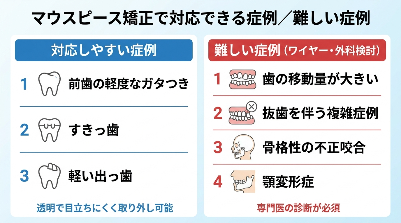 マウスピース矯正の適応範囲を示すイラスト図。対応しやすい症例(前歯の軽度なガタつき・すきっ歯・軽い出っ歯)と、ワイヤー矯正や外科が必要な症例(歯の移動量が大きい・抜歯を伴う複雑症例・骨格性の不正咬合・顎変形症)を左右2列で対比。タイトル『マウスピース矯正で対応できる症例/難しい症例』