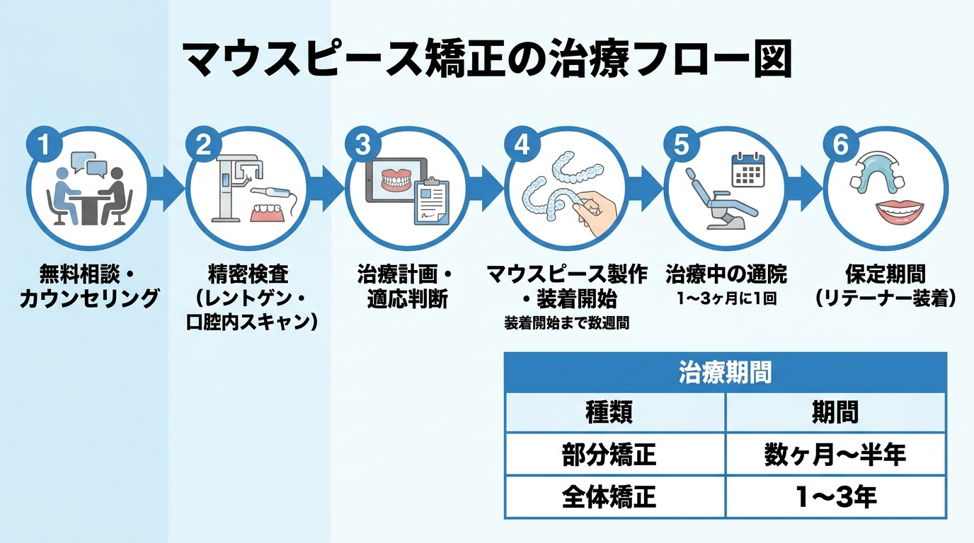 マウスピース矯正の治療フロー図。①無料相談・カウンセリング → ②精密検査(レントゲン・口腔内スキャン)→ ③治療計画・適応判断 → ④マウスピース製作・装着開始 → ⑤治療中の通院(1〜3ヶ月に1回)→ ⑥保定期間(リテーナー装着)の6ステップを矢印でつなぐ。装着開始まで数週間、治療期間は部分矯正数ヶ月〜半年・全体矯正1〜3年と併記