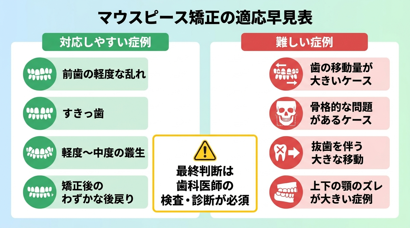 マウスピース矯正の適応早見表。対応しやすい症例:前歯の軽度な乱れ、すきっ歯、軽度〜中度の叢生、矯正後のわずかな後戻り。難しい症例:歯の移動量が大きいケース、骨格的な問題があるケース、抜歯を伴う大きな移動、上下の顎のズレが大きい症例。中央に『最終判断は歯科医師の検査・診断が必須』の注記