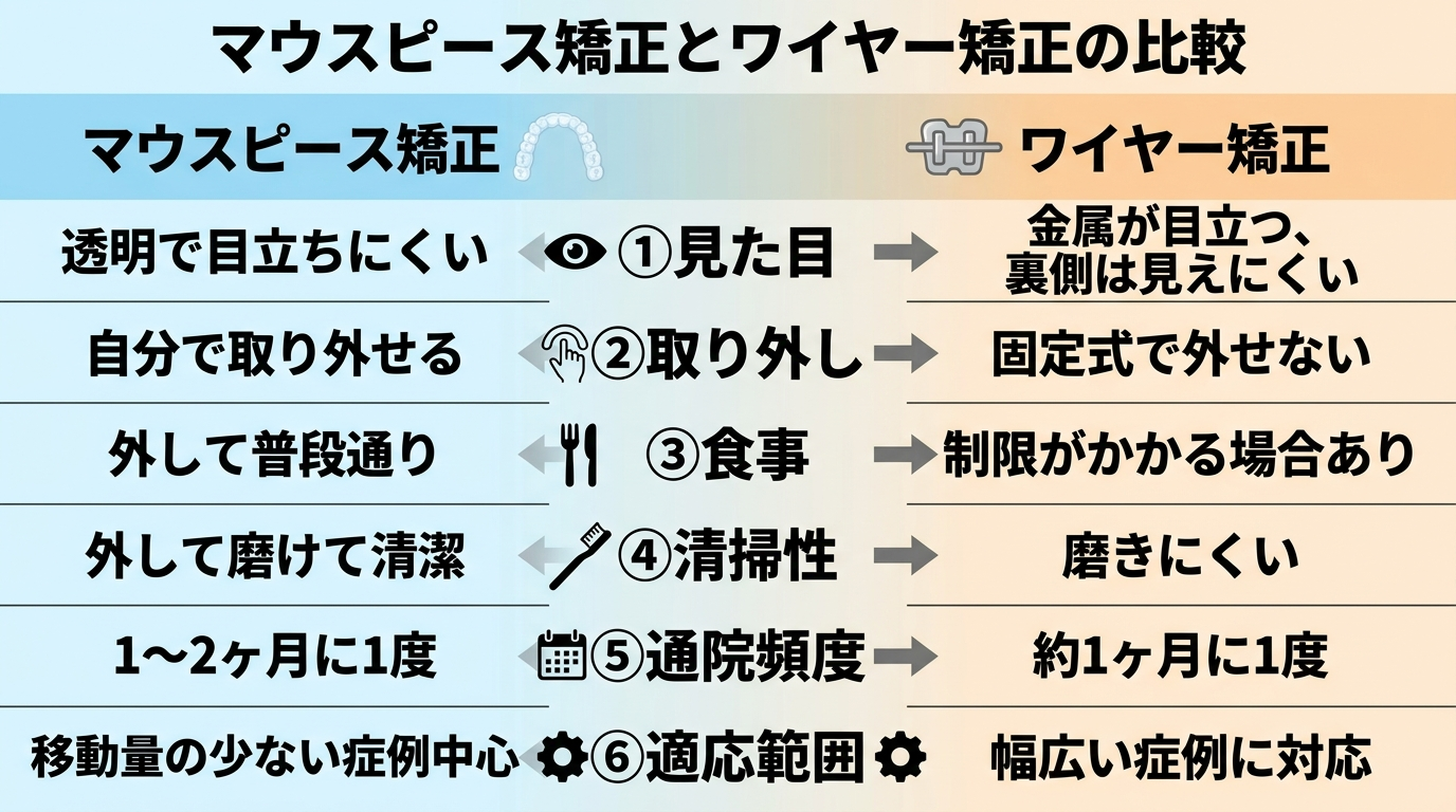 マウスピース矯正とワイヤー矯正の比較インフォグラフィック。項目:見た目(マウスピース=透明で目立ちにくい/ワイヤー=金属が目立つ・裏側は見えにくい)、取り外し(自分で取り外せる/固定式で外せない)、食事(外して普段通り/制限がかかる場合あり)、清掃性(外して磨けて清潔/磨きにくい)、通院頻度(1〜2ヶ月に1度/約1ヶ月に1度)、適応範囲(移動量の少ない症例中心/幅広い症例に対応)