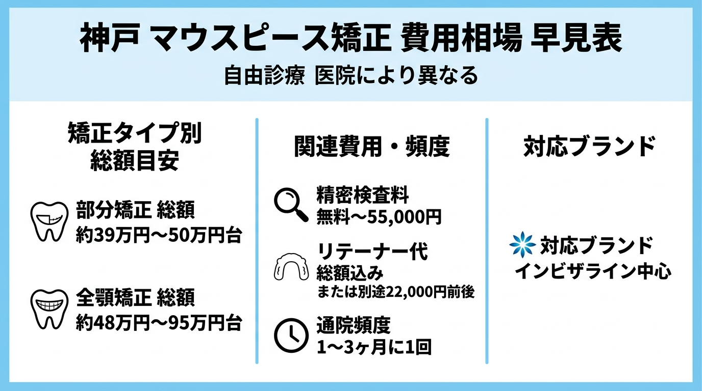 神戸のマウスピース矯正費用相場の早見表インフォグラフィック。項目と目安を並べる:部分矯正の総額 約39万円〜50万円台/全顎矯正の総額 約48万円〜95万円台/精密検査料 無料〜55,000円/リテーナー代 総額込みまたは別途22,000円前後/通院頻度 1〜3ヶ月に1回/対応ブランド インビザライン中心。いずれも自由診療で医院により異なる旨を注記