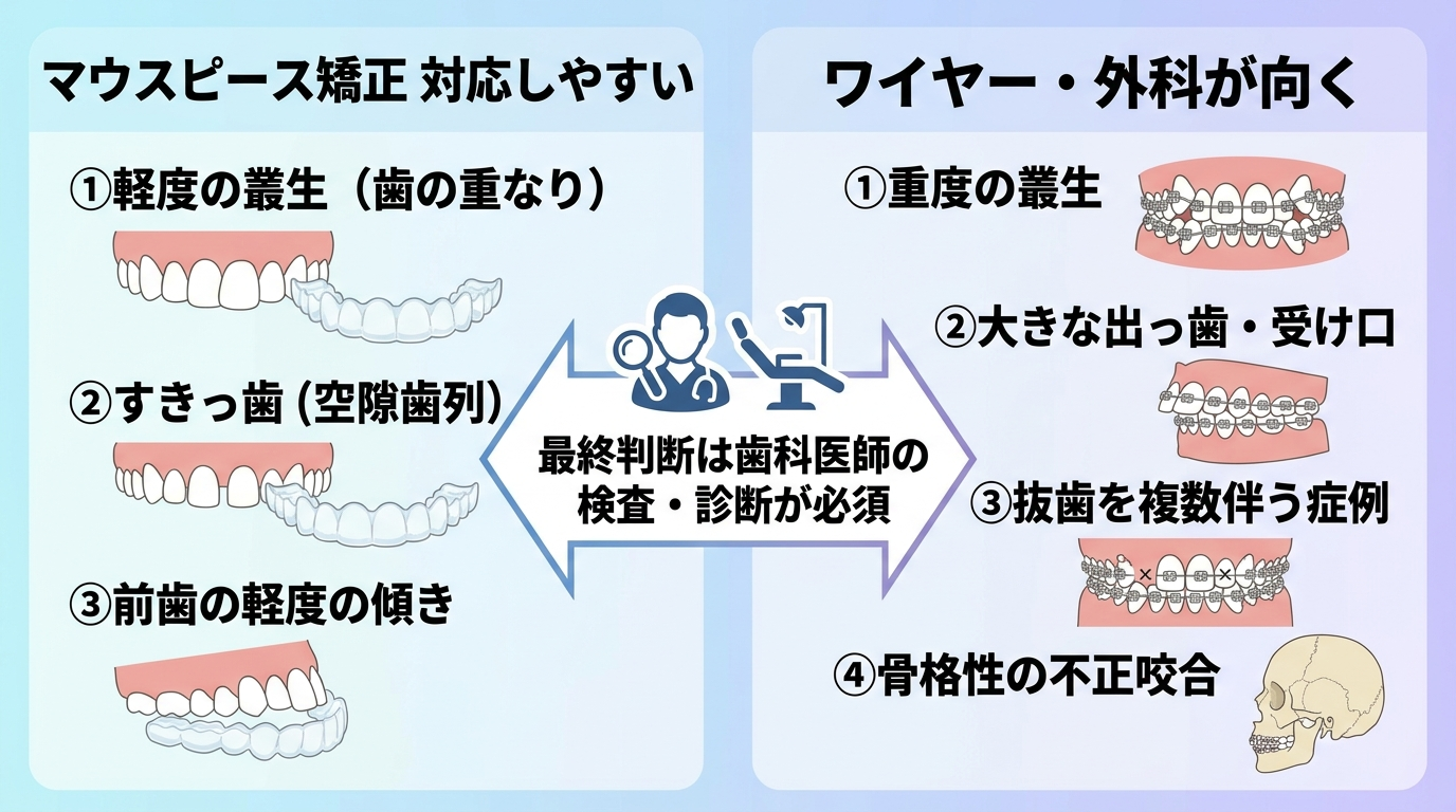 マウスピース矯正の適応・適応外を対比するイラスト図。左側「対応しやすい」:軽度の叢生(歯の重なり)、すきっ歯(空隙歯列)、前歯の軽度の傾き。右側「ワイヤー・外科が向く」:重度の叢生、大きな出っ歯・受け口、抜歯を複数伴う症例、骨格性の不正咬合。中央に「最終判断は歯科医師の検査・診断が必須」の注記