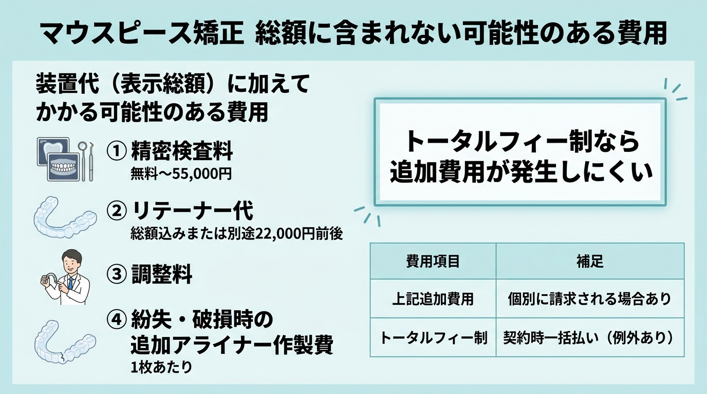マウスピース矯正の総額に含まれない費用の内訳インフォグラフィック。装置代(表示総額)に加えてかかる可能性のある費用:精密検査料 無料〜55,000円/リテーナー代 総額込みまたは別途22,000円前後/調整料/紛失・破損時の追加アライナー作製費 1枚あたり。中央に「トータルフィー制なら追加費用が発生しにくい」の注記