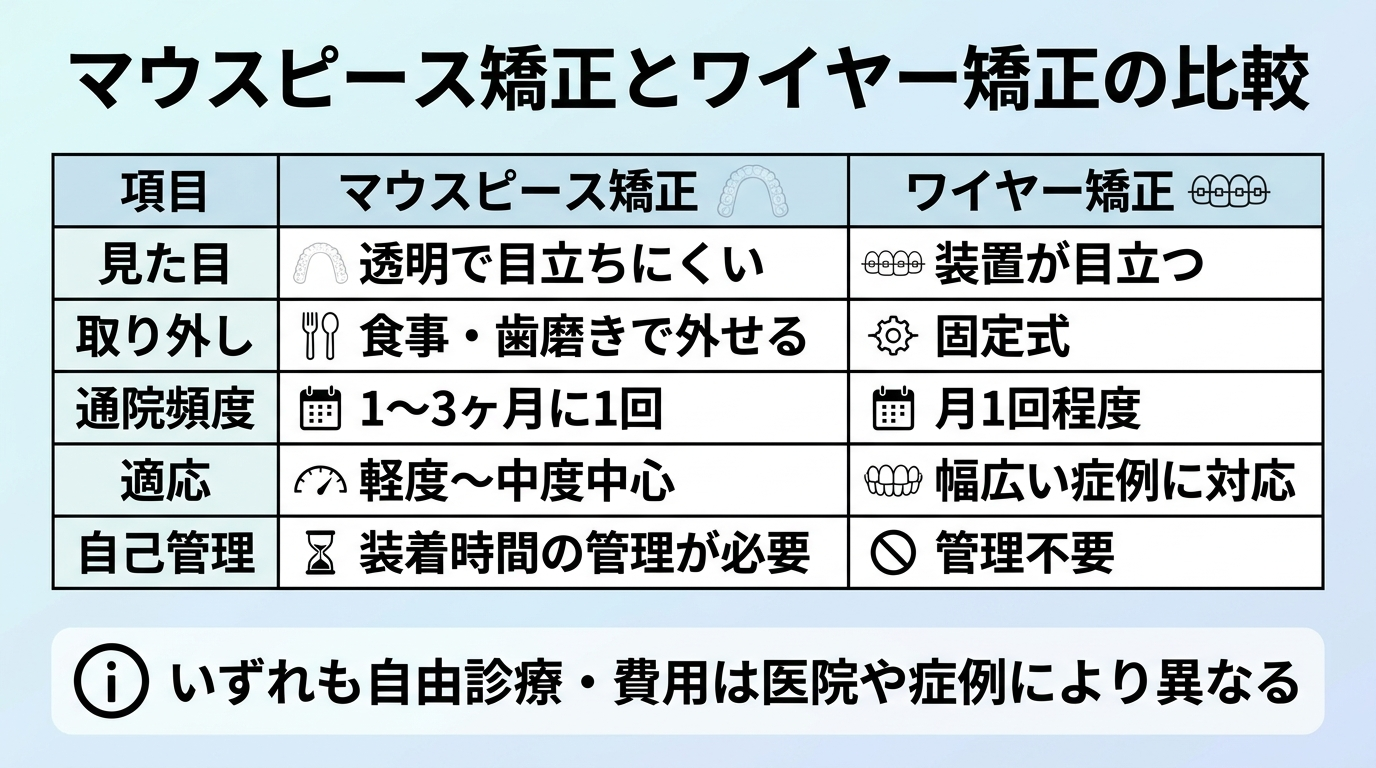 マウスピース矯正とワイヤー矯正の比較表インフォグラフィック。3列(項目/マウスピース矯正/ワイヤー矯正)。見た目:透明で目立ちにくい/装置が目立つ。取り外し:食事・歯磨きで外せる/固定式。通院頻度:1〜3ヶ月に1回/月1回程度。適応:軽度〜中度中心/幅広い症例に対応。自己管理:装着時間の管理が必要/管理不要。いずれも自由診療・費用は医院や症例により異なる旨を注記