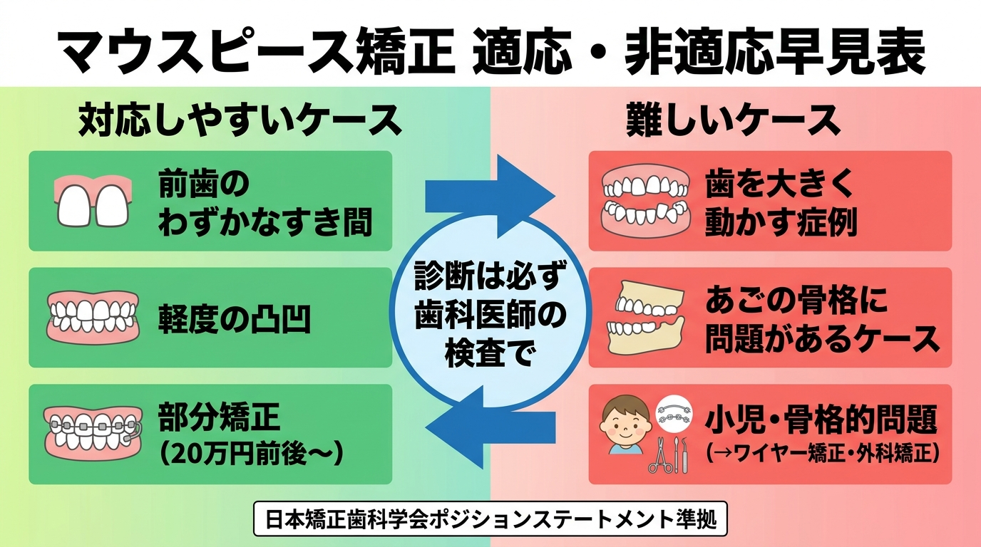 マウスピース矯正の適応・適応外を示す早見表イラスト。左側「対応しやすいケース」に前歯のわずかなすき間、軽度の凸凹、部分矯正（20万円前後〜）を配置。右側「難しいケース」に歯を大きく動かす症例、あごの骨格に問題があるケース、小児・骨格的問題（→ワイヤー矯正・外科矯正）を配置。中央に「診断は必ず歯科医師の検査で」の矢印。日本矯正歯科学会ポジションステートメント準拠と注記