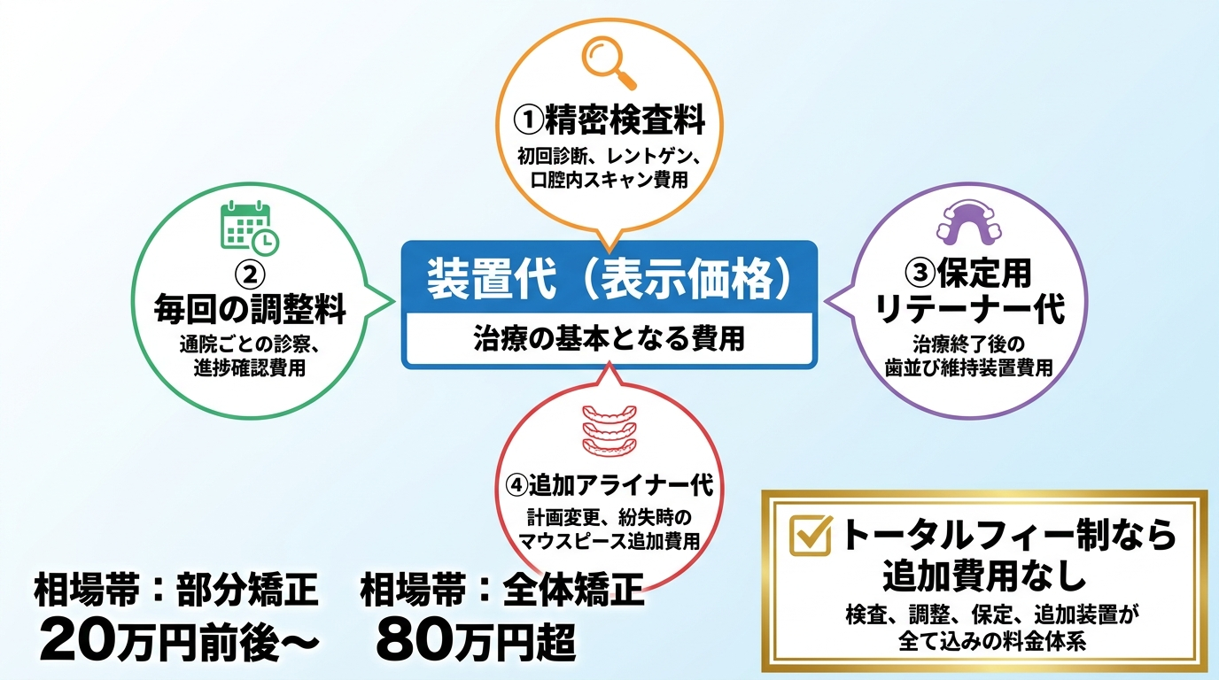 マウスピース矯正の総額に含まれる費用と別途かかる費用を分解したインフォグラフィック。中央に「装置代（表示価格）」を大きく配置し、その周囲に別途発生しうる費用として「精密検査料」「毎回の調整料」「保定用リテーナー代」「追加アライナー代」を吹き出しで表示。右下に「トータルフィー制なら追加費用なし」の枠。部分矯正20万円前後〜、全体矯正80万円超の相場帯も併記
