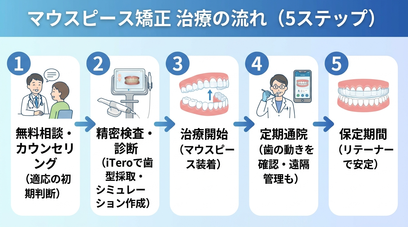 マウスピース矯正の治療の流れを5ステップで示すフロー図イラスト。①無料相談・カウンセリング（適応の初期判断）→②精密検査・診断（iTeroで歯型採取・シミュレーション作成）→③治療開始（マウスピース装着）→④定期通院（歯の動きを確認・遠隔管理も）→⑤保定期間（リテーナーで安定）。各ステップを矢印でつなぎ、番号とアイコンを付す