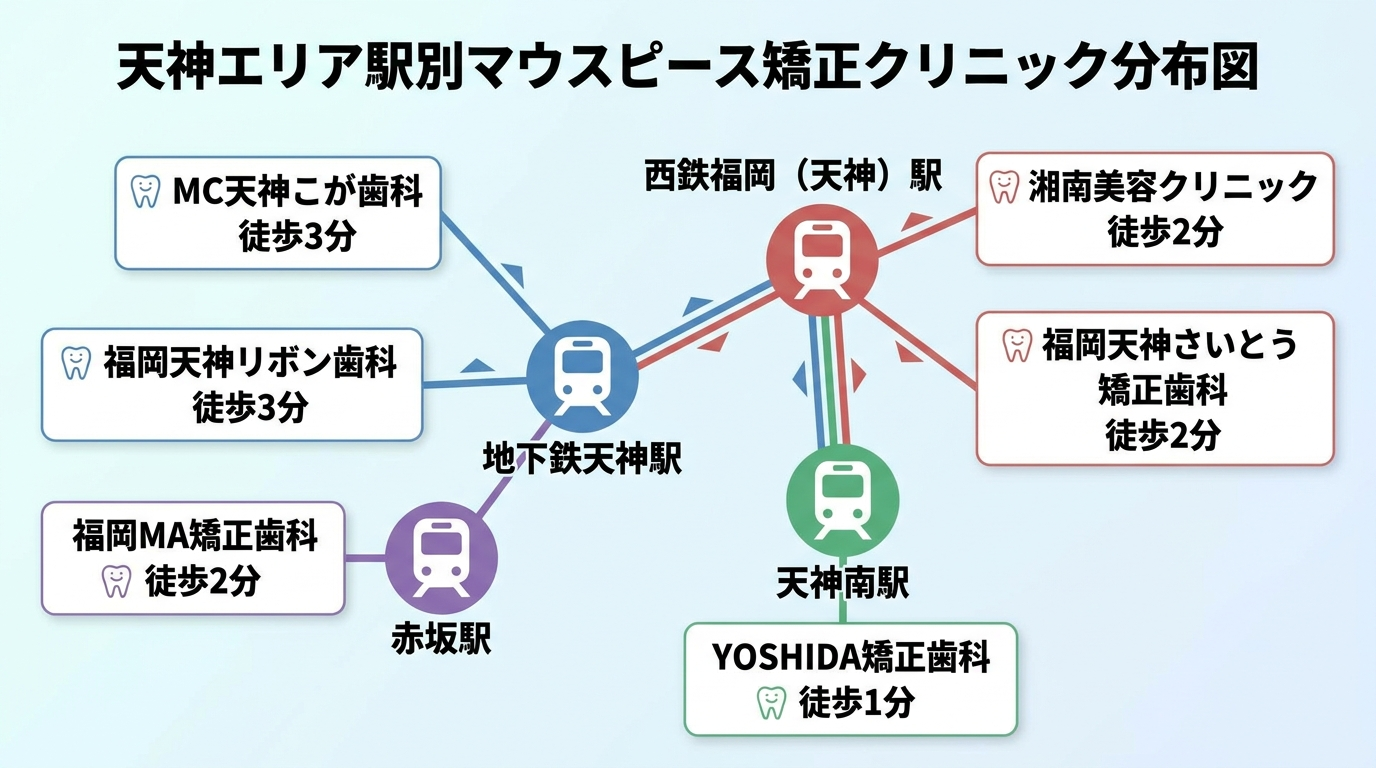 天神エリアの駅別クリニック分布図イラスト。西鉄福岡（天神）駅・地下鉄天神駅・天神南駅・赤坂駅の4駅を中心に、それぞれの駅から徒歩圏内のマウスピース矯正クリニックを配置した簡易マップ。西鉄福岡駅=湘南美容クリニック（徒歩2分）・福岡天神さいとう矯正歯科（徒歩2分）、地下鉄天神駅=MC天神こが歯科（徒歩3分）・福岡天神リボン歯科（徒歩3分）、天神南駅=YOSHIDA矯正歯科（徒歩1分）、赤坂駅=福岡MA矯正歯科（徒歩2分）を明記